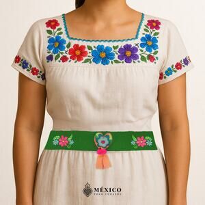 Green Mexican Waist Belt Floral Embroidery & Heart Embellishment in Felt